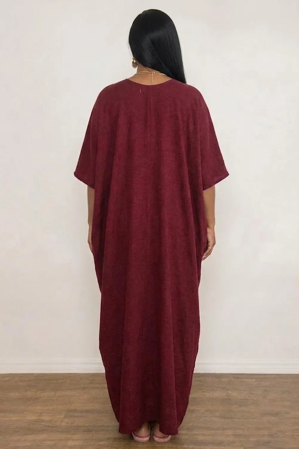 Solid Color V Neck Side Ruched Loose Fit Casual Maxi Dresses-Burgundy