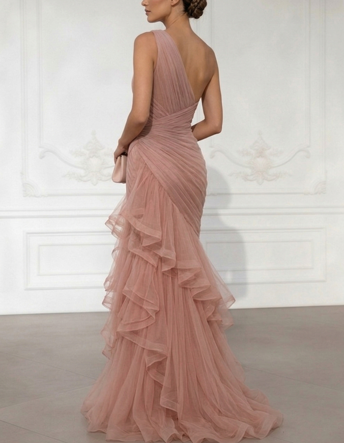 One-Shoulder Draped Tulle Mermaid Gown Maxi Dress
