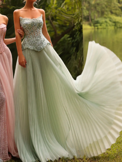 Sage Green Beaded Strapless Pleated Maxi Dress