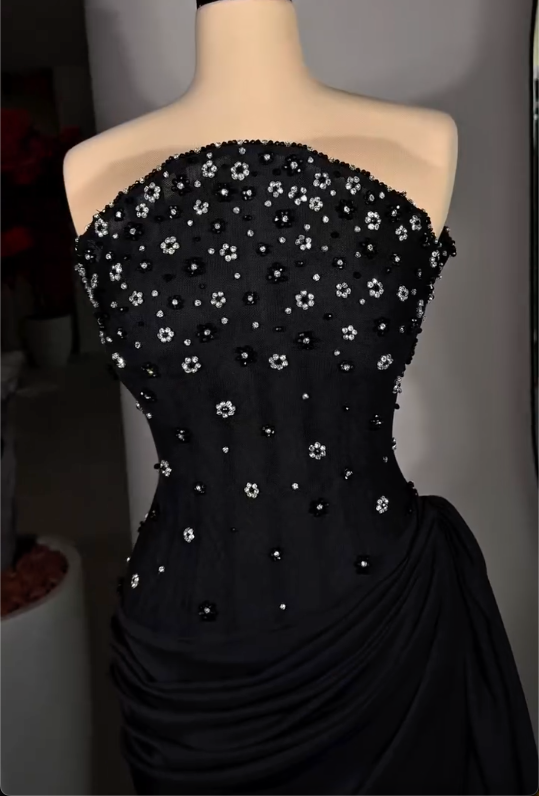 Burgundy/Black Strapless Maxi Dress with Floral Crystal Beading & Draped Skirt