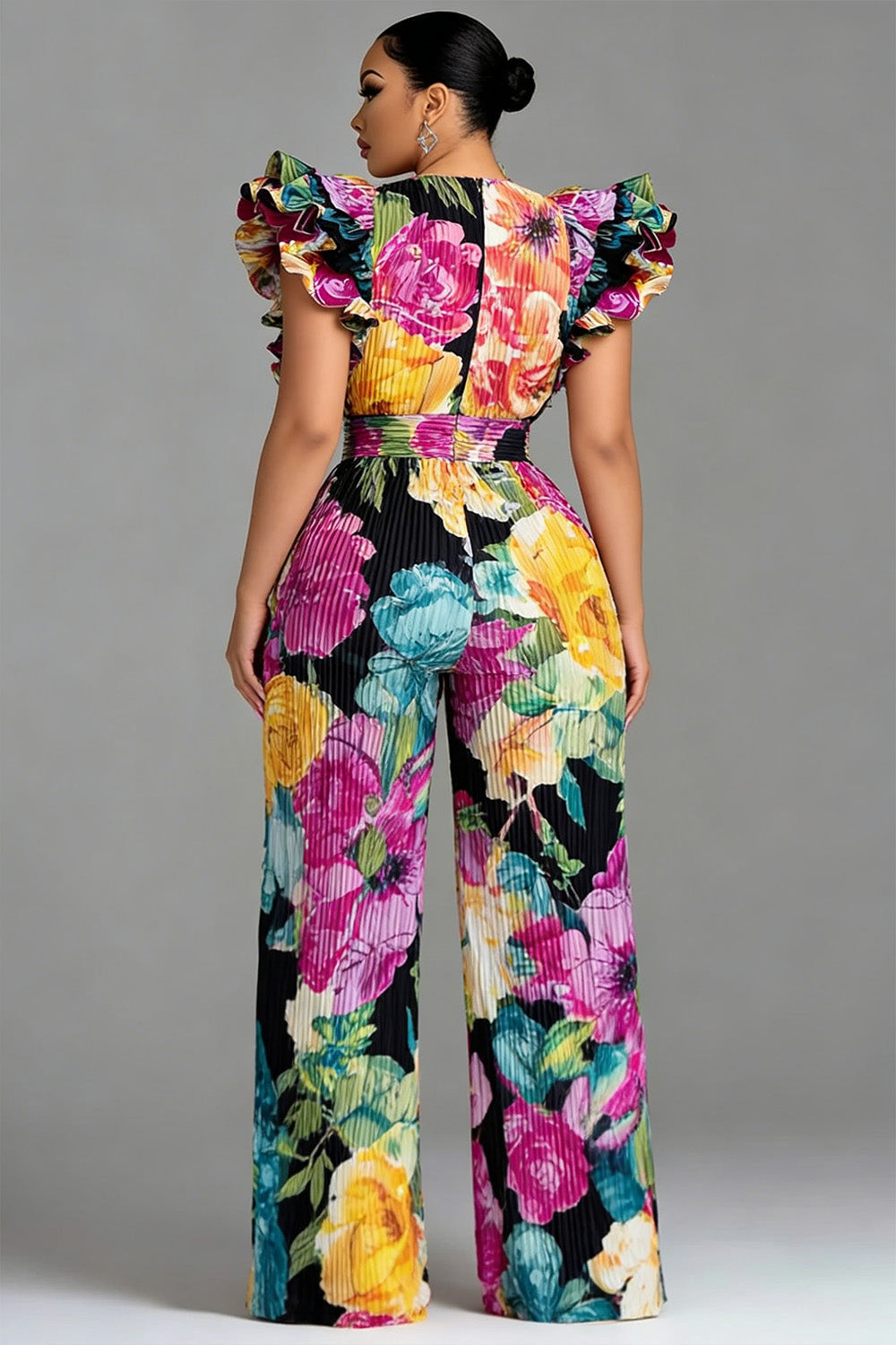 Wedding Guest Multicolor All Over Print V Neck 3D Pocket Jumpsuits