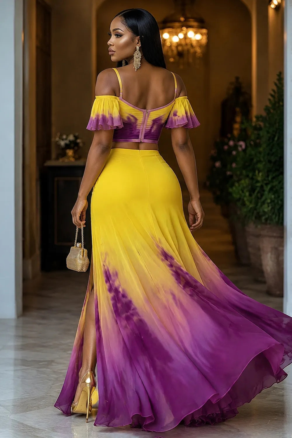 Gradient Corset Top High Slit Maxi Skirt 2pcs Set-Multicolor [Pre Order]