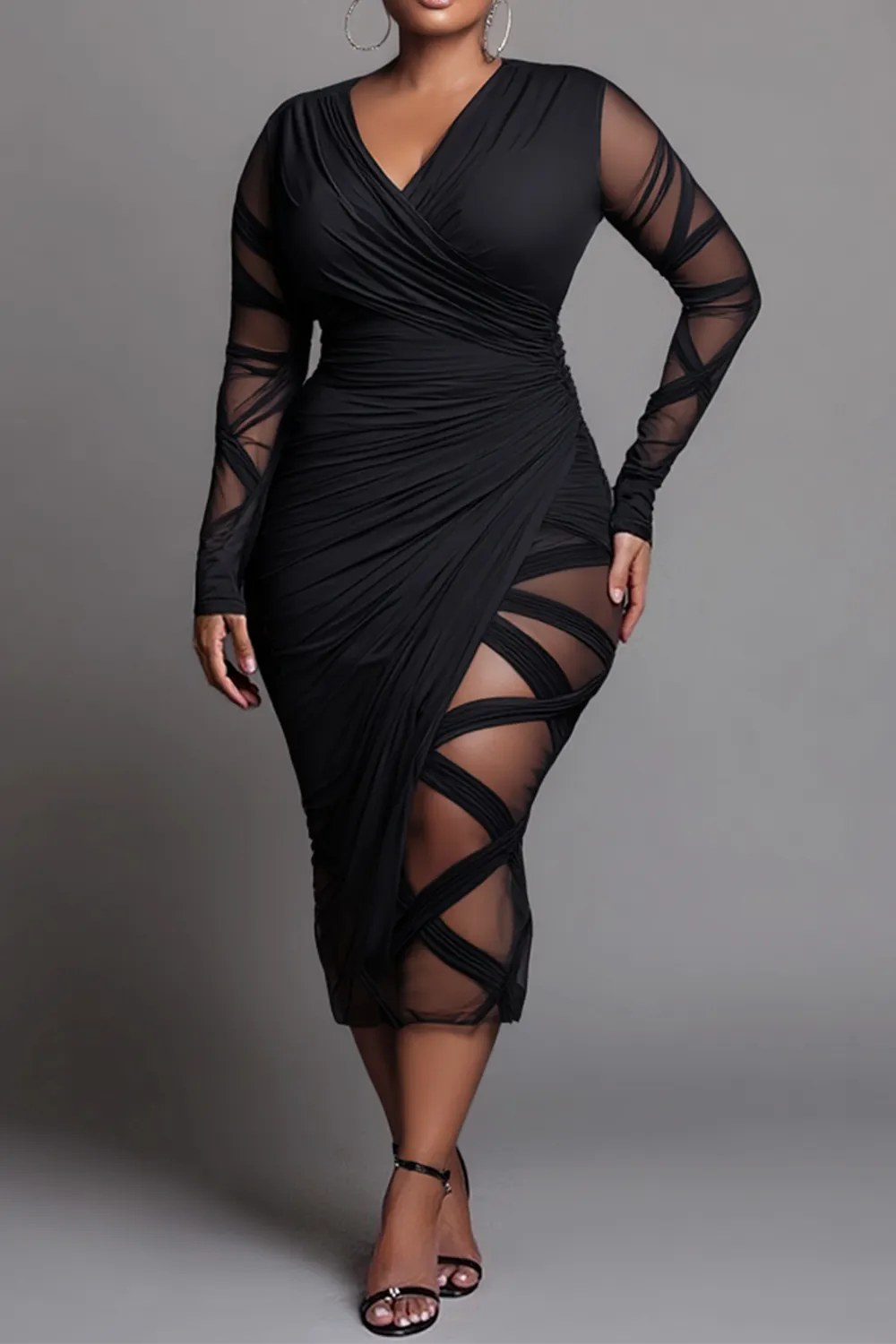 Party Black Wrap Neck Long Sleeve Bodycon See Through Midi Dresses