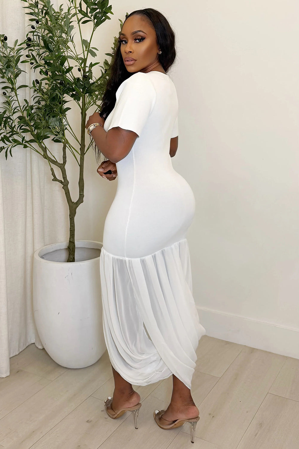 Round Neck Short Sleeve Irregular Hem Casual Midi Dresses-White [Pre Order]
