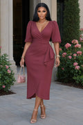 Crossover V Neck Puff Sleeve Ruched Wedding Midi Dresses-Purple [Pre Order]