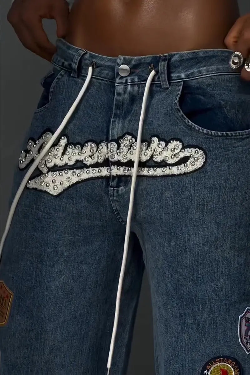 Women's Fashion Pattern Badge Beaded Wide Leg Jeans