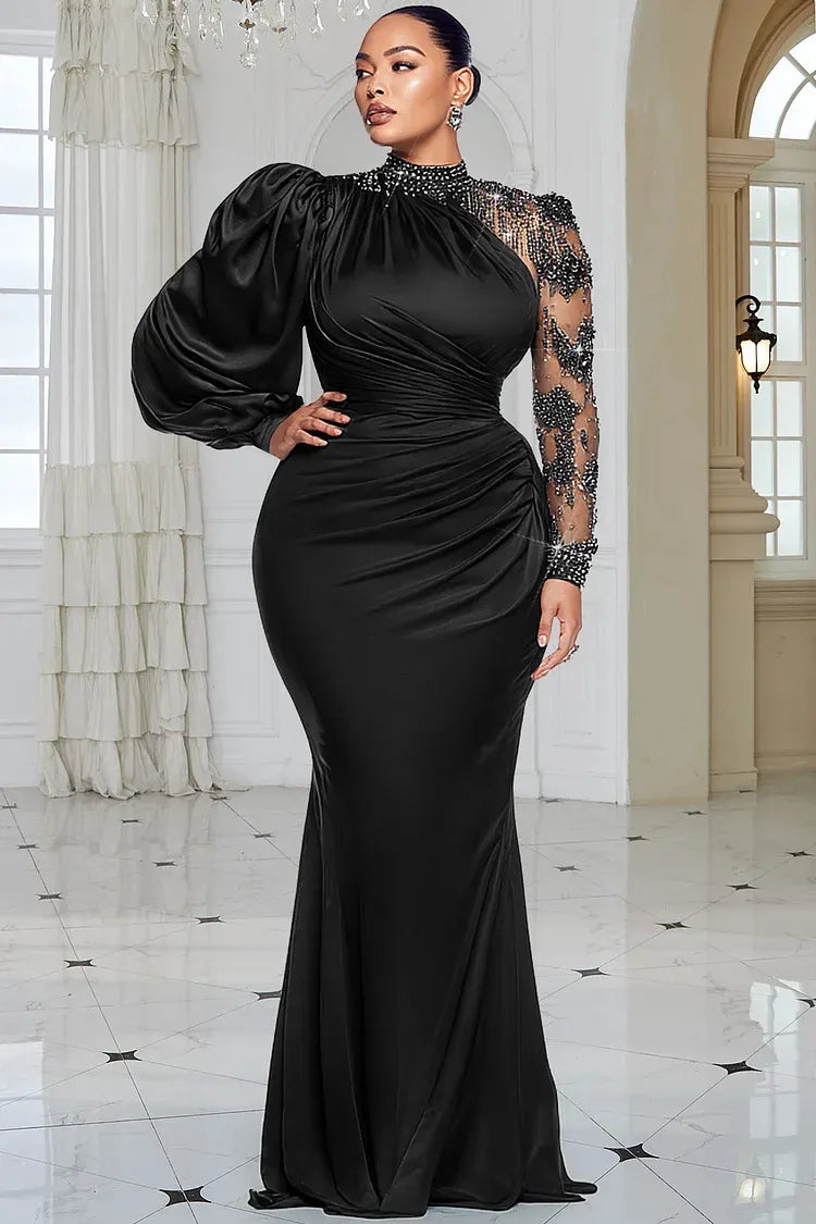 Blue Mock Neck Lantern Sleeve Long Sleeve Drilling Elegant See Through Tulle Satin Maxi Dresses