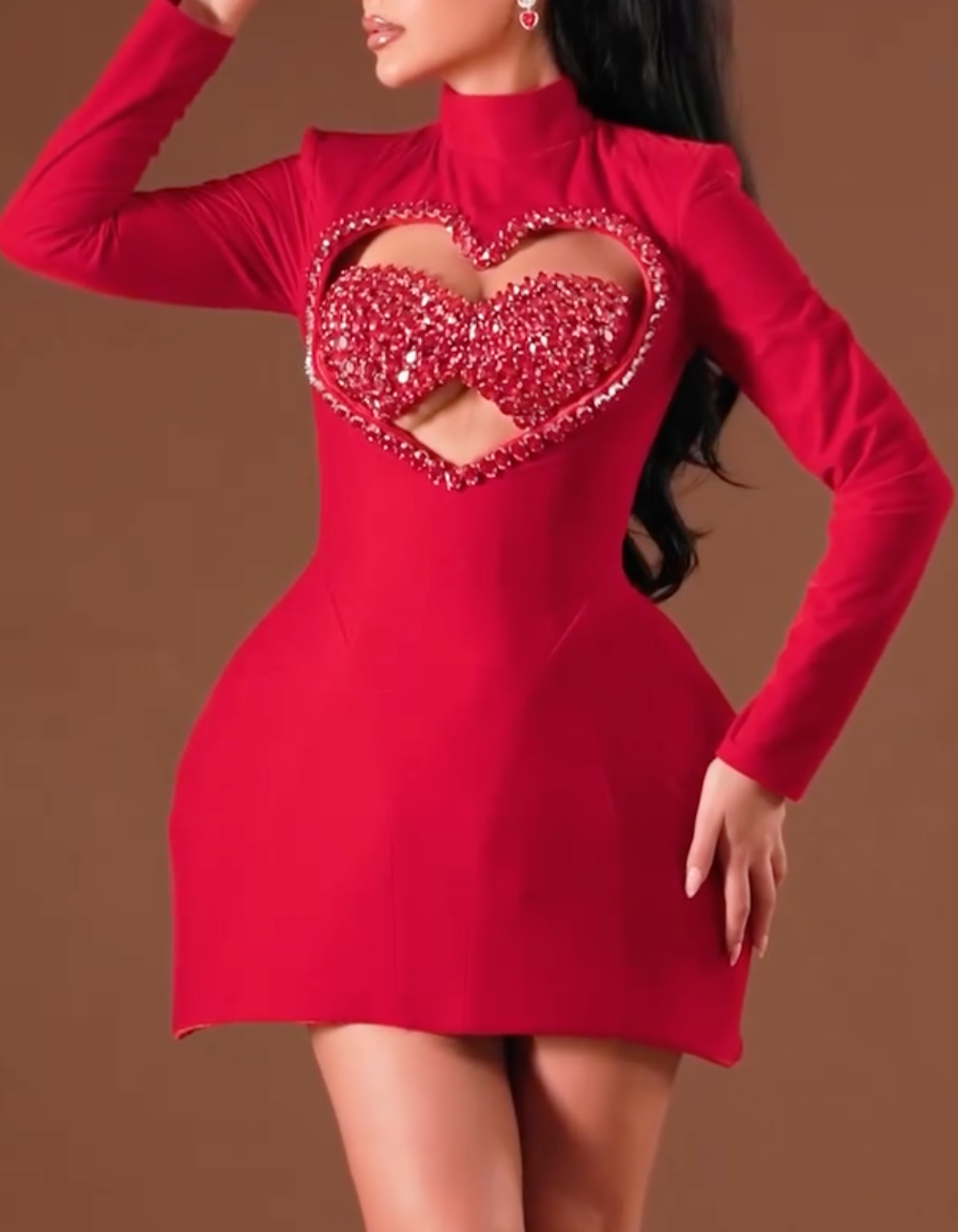Red Beaded Heart Cutout High Neck Mini Dress