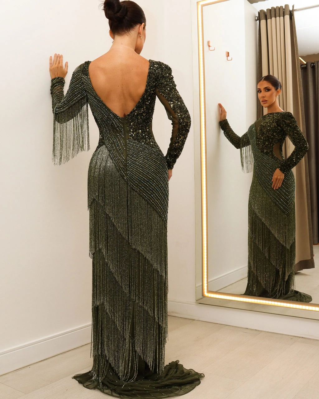 Olive Green Beaded Fringe Maxi Gown – Luxury Evening Statement Dress
