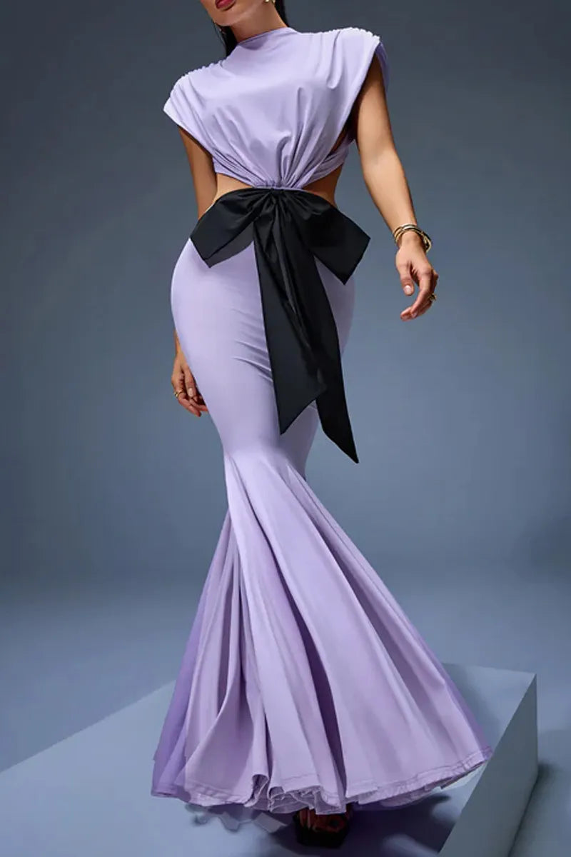 Women Lavender High Neck Cap Sleeve Cutout Waist Black Bow Mermaid Maxi Dress