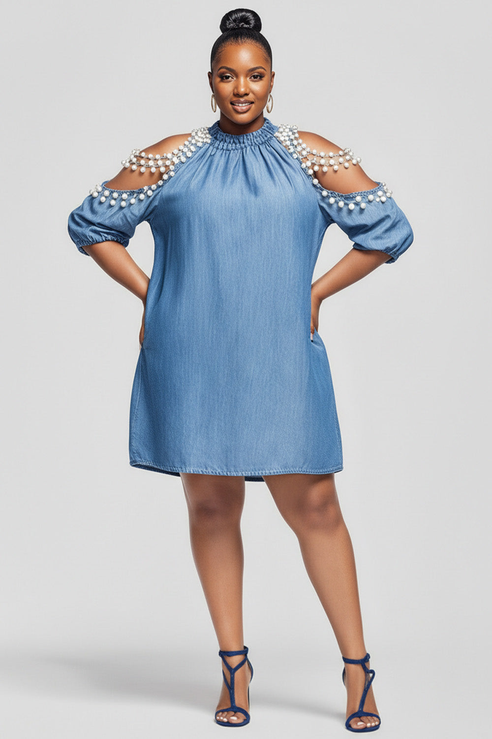 Xpluswear Design Plus Size Party Light Blue Round Neck Cold Shoulder Short Sleeve Pocket Pearls Tencel Denim Mini Dresses