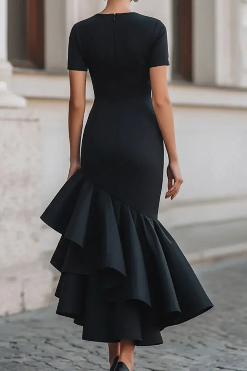 Women Black Crew Neck Short Sleeve Ruched Waist Irregular Ruffle Split Mermaid Midi Dress