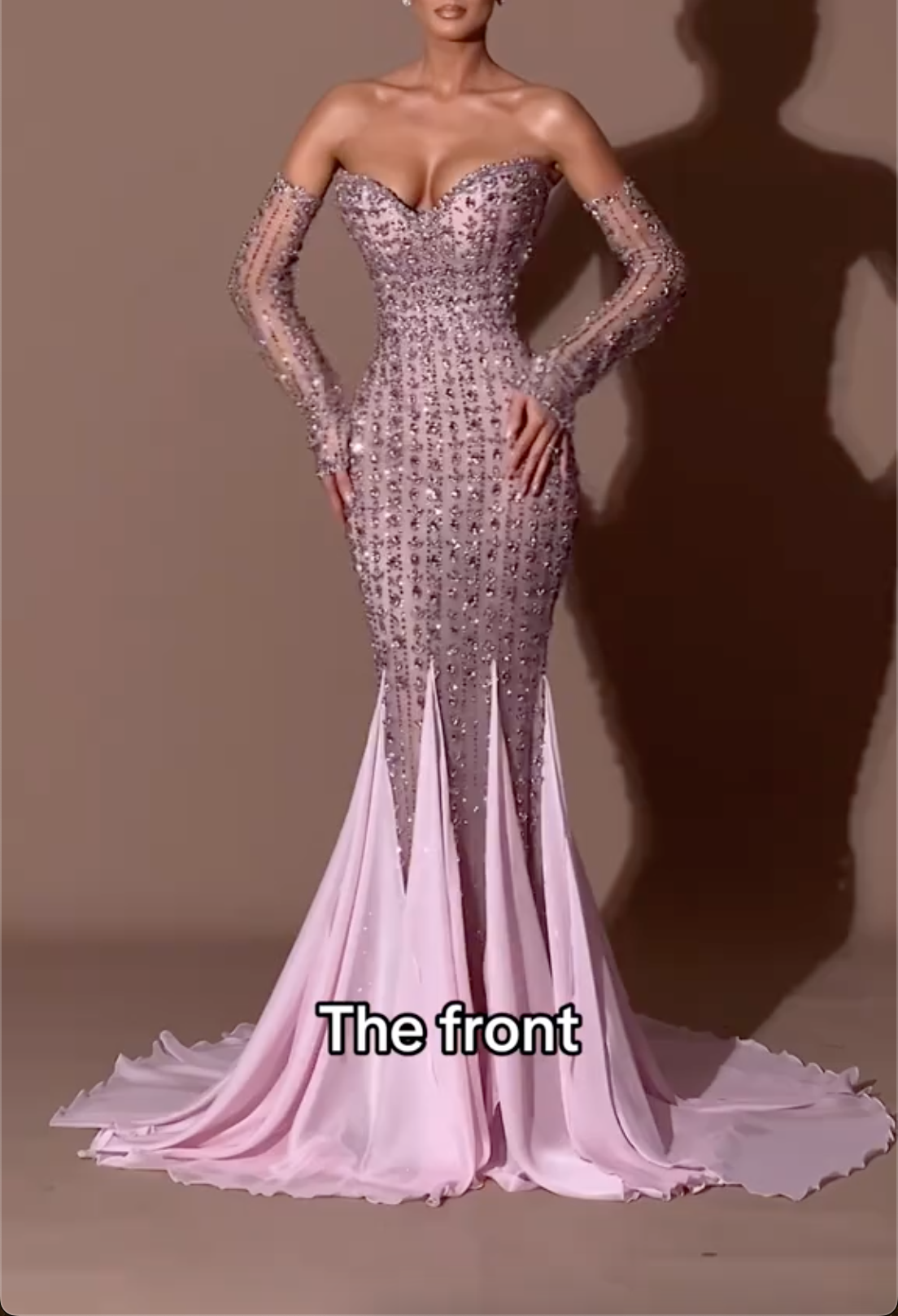 Light Pink Strapless Sweetheart Sequin Mermaid Maxi Dress with Long Sheer Sleeves