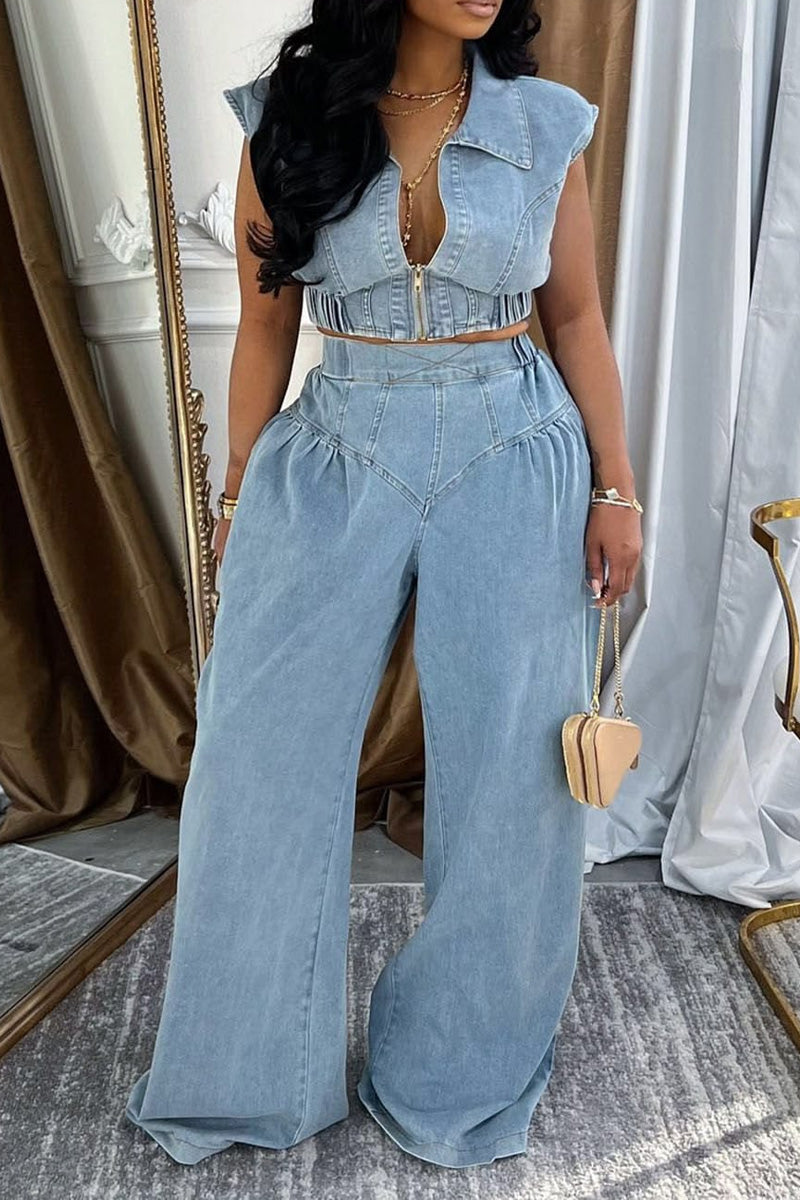 Women's Sleeveless Collar Zip Front Elastic Hem Denim Crop Top Or High Waist Gathered Wide Leg Pants