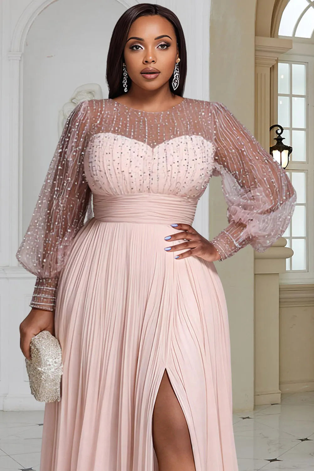 Champagne Round Neck Long Sleeve Split Elegant See Through Sequin Chiffon Maxi Dresses