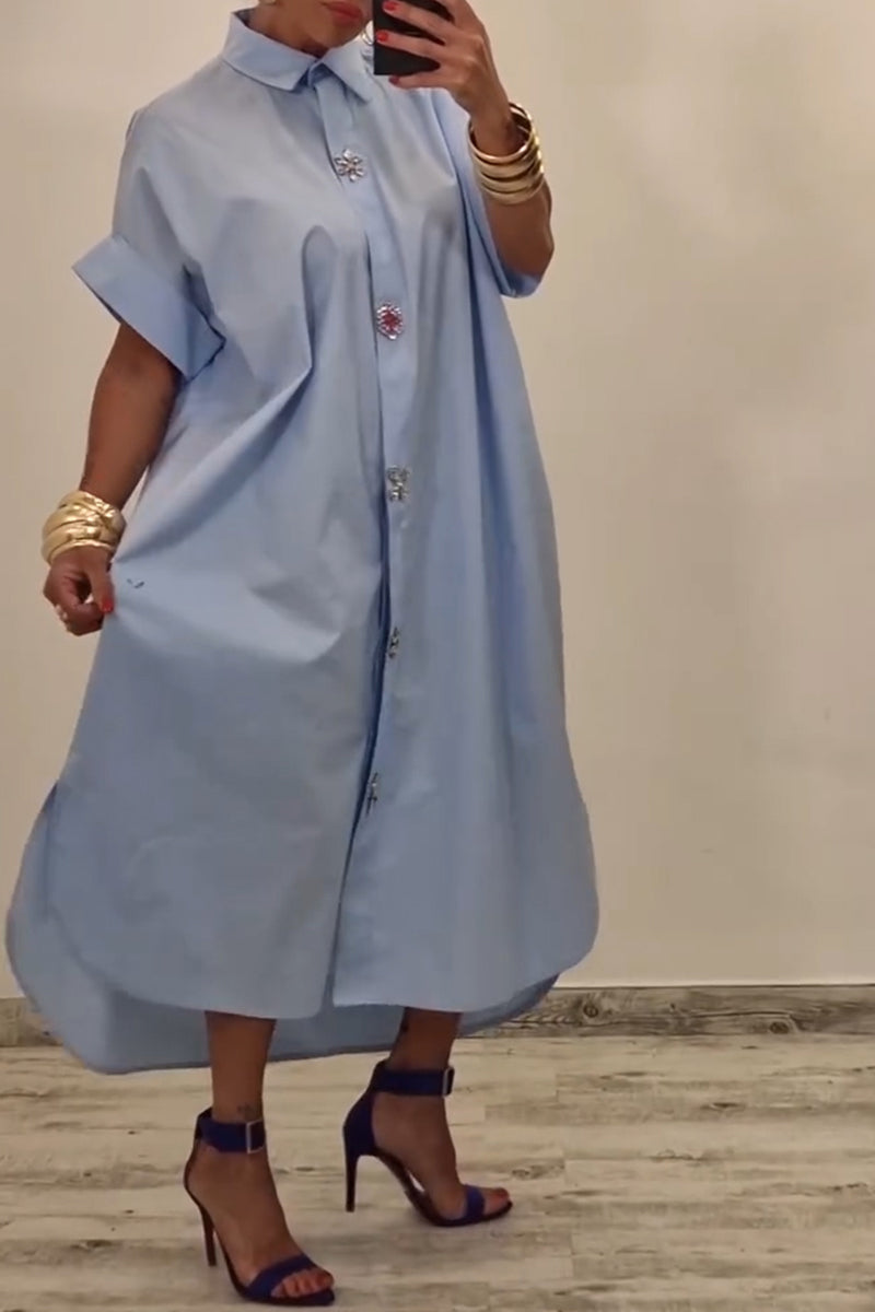 Women's Casual Rhinestone Button Decorative Loose Shirt Dress