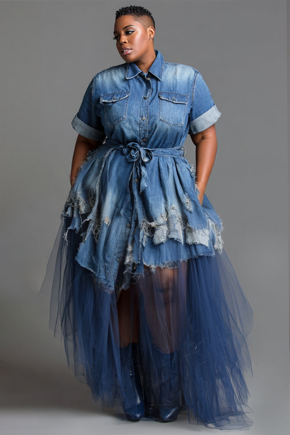 Xpluswear Design Plus Size Party Tulle Blue Shirt Collar Short Sleeve Ripped Pocket Denim Midi Dresses