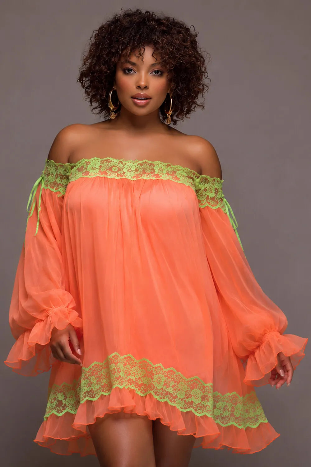 Vacation Orange Off The Shoulder Lantern Sleeve Long Sleeve Ruffle Contrast Chiffon Mini Dresses [Pre-Order]