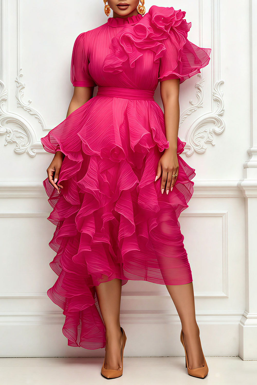 Cocktail Party Hot Pink Round Neck Short Sleeve Ruffle Asymmetric Hem Irregular Hem Tulle Midi Dresses