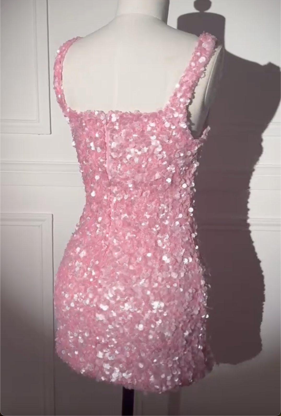 Pink Paillette Sequin Mini Dress with Square Neck & Bodycon Fit