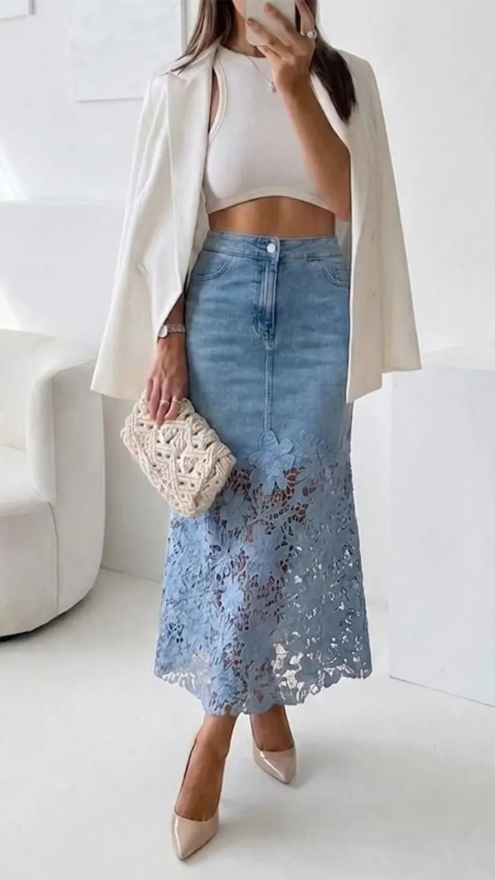 Light Wash Denim Floral Lace Midi Skirt