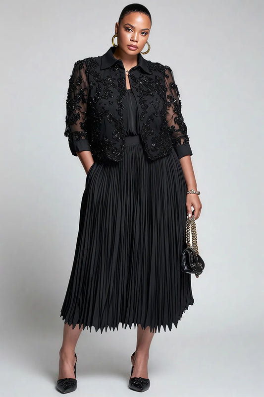 Churchs Black Shirt Collar 3/4 Sleeve Pleated Elegant Pocket Lace Two Piece Skirt Sets