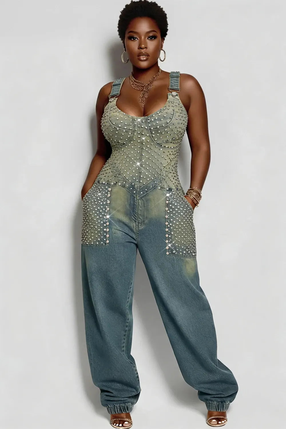 Xpluswear Design Plus Size Festival Light Blue Drilling Casual Denim Jumpsuits