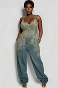Xpluswear Design Plus Size Festival Light Blue Drilling Casual Denim Jumpsuits