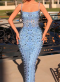 Light Blue Crystal Embellished Square Neck Mermaid Maxi Dress