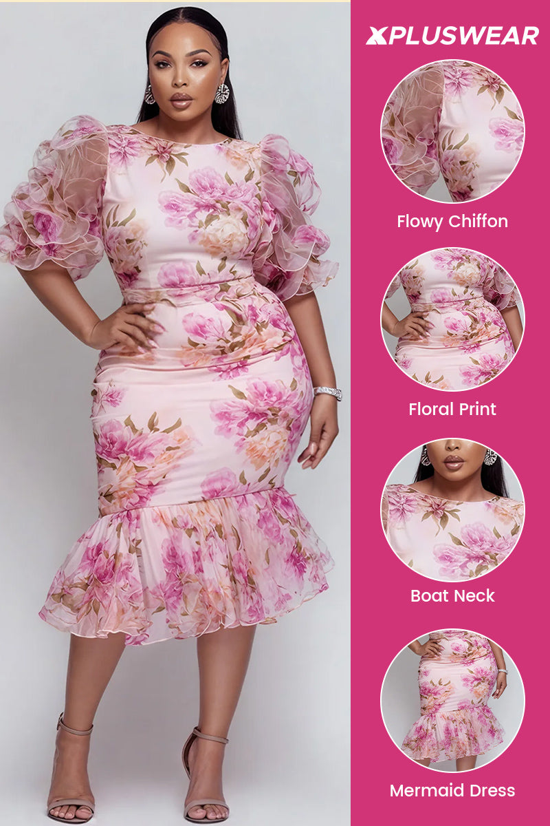 Cocktail Party Pink Floral Boat Neck Half Sleeve Ruffle Chiffon Midi Dresses