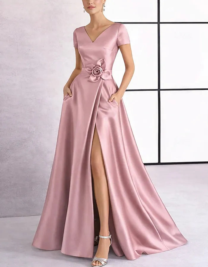 Solid Color Satin 3D Floral Embellishment V-Neck With Slit Maxi Dress