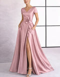 Solid Color Satin 3D Floral Embellishment V-Neck With Slit Maxi Dress