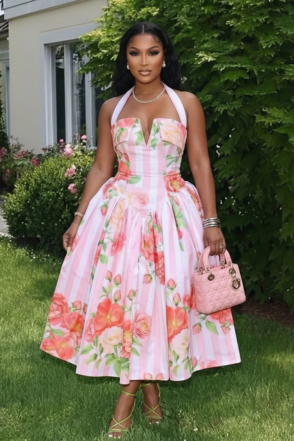 Halter V Cut Backless Floral Print A-Line Gowns Maxi Dresses-Pink [Pre Order]