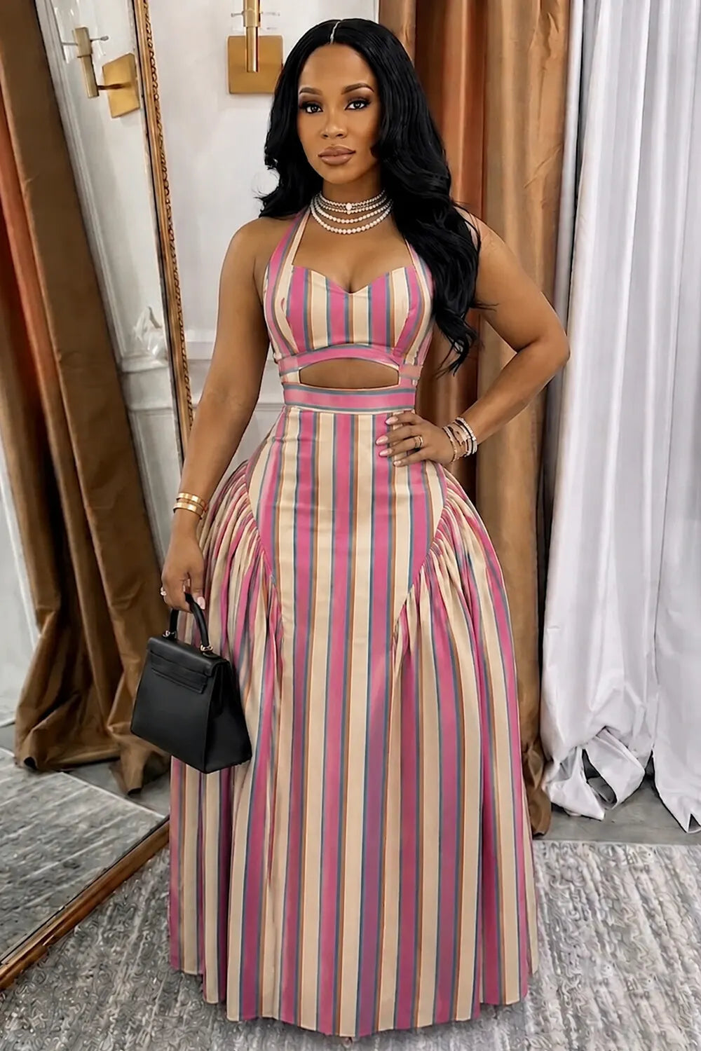 Striped Print Halter Neck Cut Out A-Line Party Maxi Dresses-Pink [Pre Order]