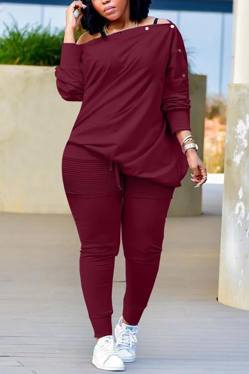 Casual Burgundy Long Sleeves Oblique Collar Two Pieces Set
