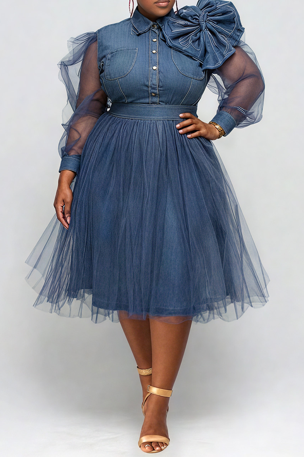 Xpluswear Design Plus Size Semi Formal Tulle Blue Shirt Collar Long Sleeve 3D Elegant See Through Denim Midi Dresses