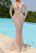 Champagne Nude Crystal & Pearl Embellished Long Sleeve Plunge Neck Mermaid Maxi Dress