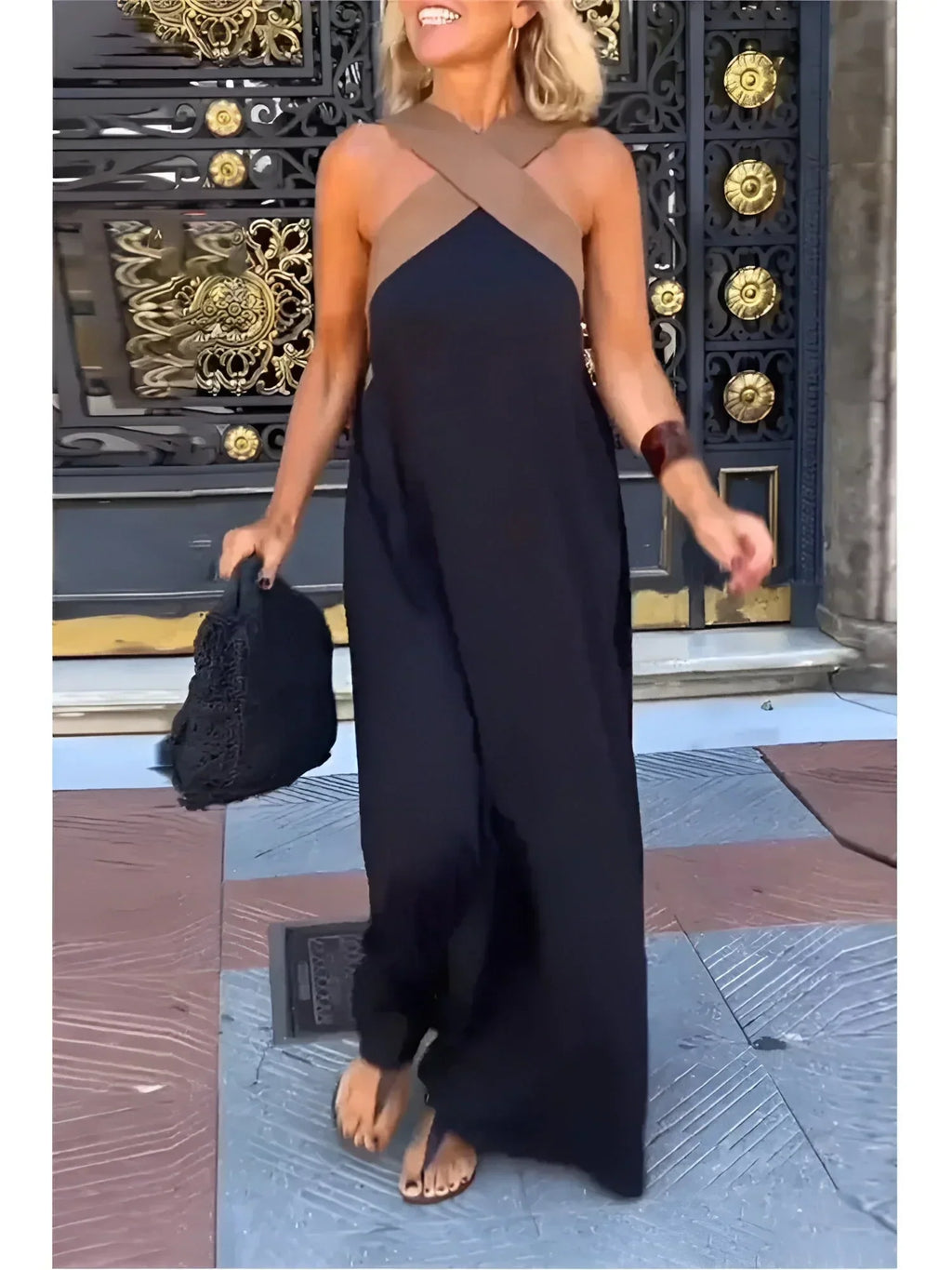 Effortless Contrast-Strap Linen-Blend Maxi Dress
