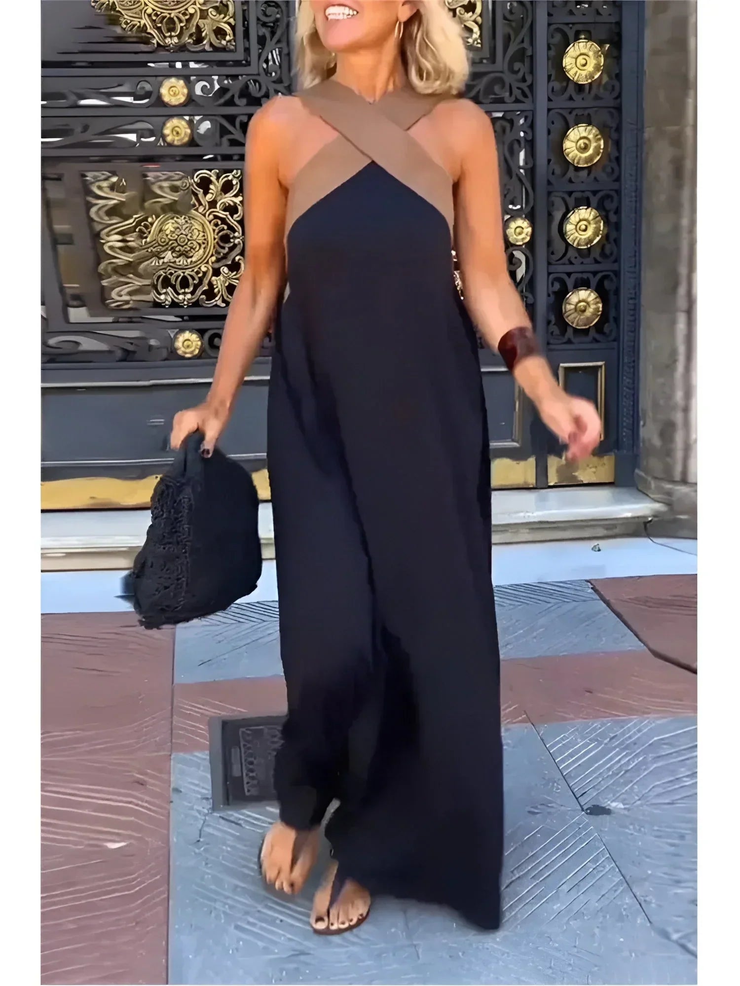 Effortless Contrast-Strap Linen-Blend Maxi Dress