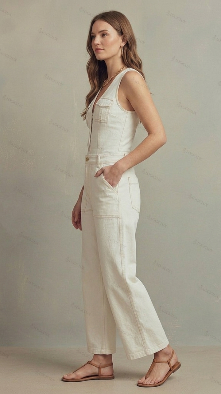 Womens Sleeveless V-neck Single-breasted Denim Wide Leg Jumpsuit