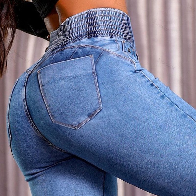 Elasticated Waistband High Waisted Stretch Skinny Micro Slim Hip Lifting Denim Trousers