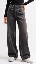 Womens Rivet Trimmed High Waisted Wide Leg Denim Pants