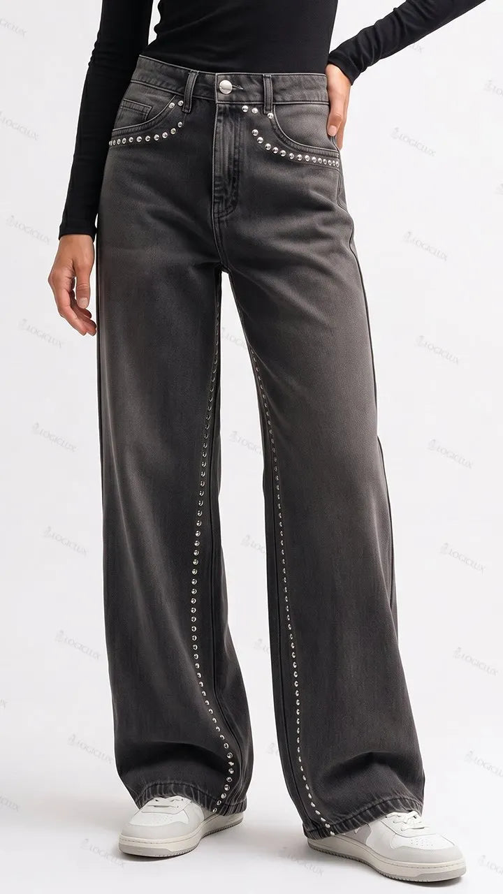 Womens Rivet Trimmed High Waisted Wide Leg Denim Pants