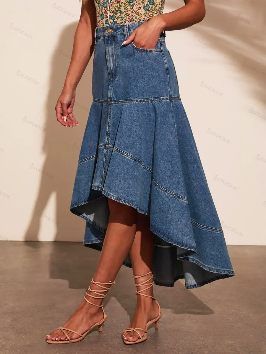 Women's Casual Denim Skirt With A Shorter Front And Longer Back.