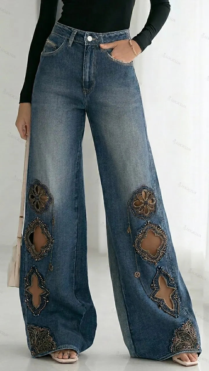 Womens High Waist Heavily Embroidered Ripped Wide Leg Jeans