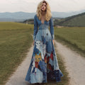 Women's Vintage Patchwork Cat Long Sleeve Denim Print Maxi Dress
