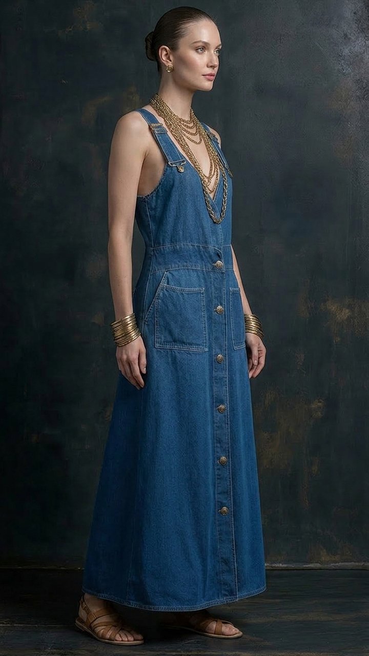 Women's V-neck Denim Sleeveless Maxi Dress