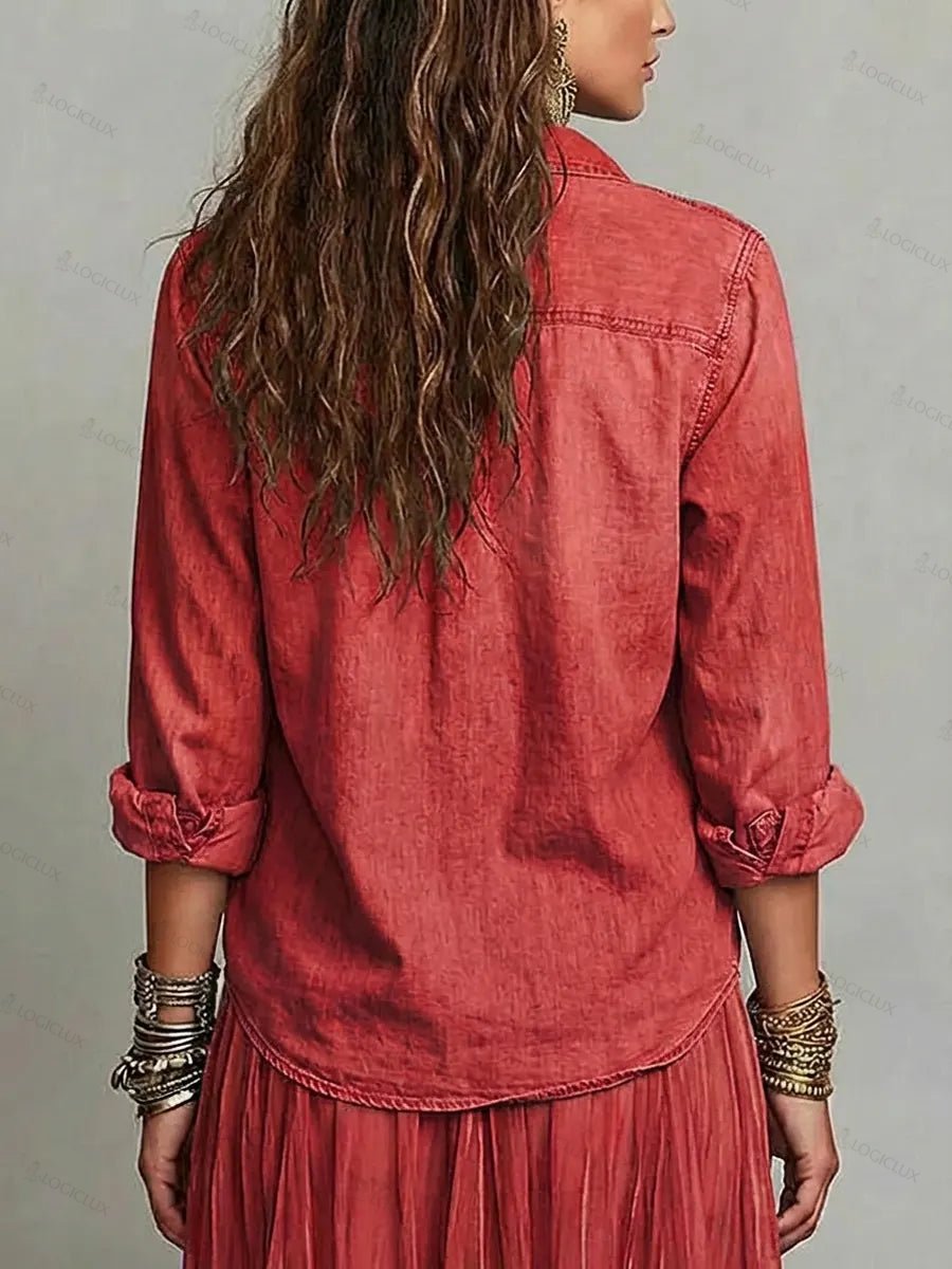 Women's Retro Lapel Art Casual Long Sleeve Denim Shirt