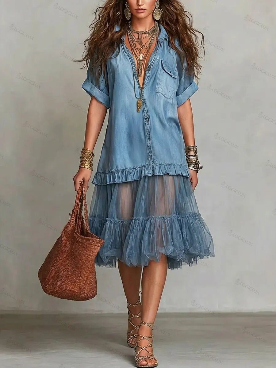 Women's Retro Lapel Denim Organza Patchwork Art Casual Dress