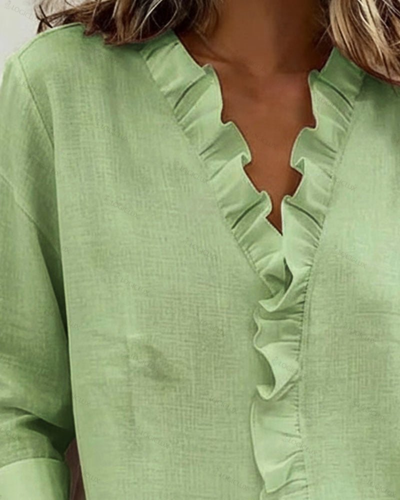 Ruffled Blouse with V-Neck and Long Sleeves